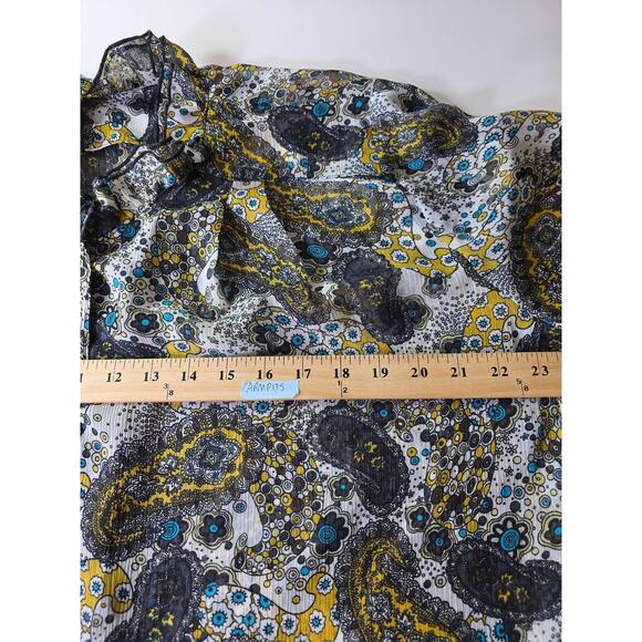 ST. HELENA Blue Yellow Floral Paisley 3/4 Sleeve Ruffle Neck Semi Sheer SZ L - Picture 7 of 9